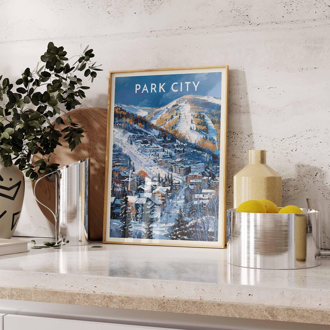 Park City Aerial Town Snowy Peaks Ski Slopes Resort View Poster - Image 2