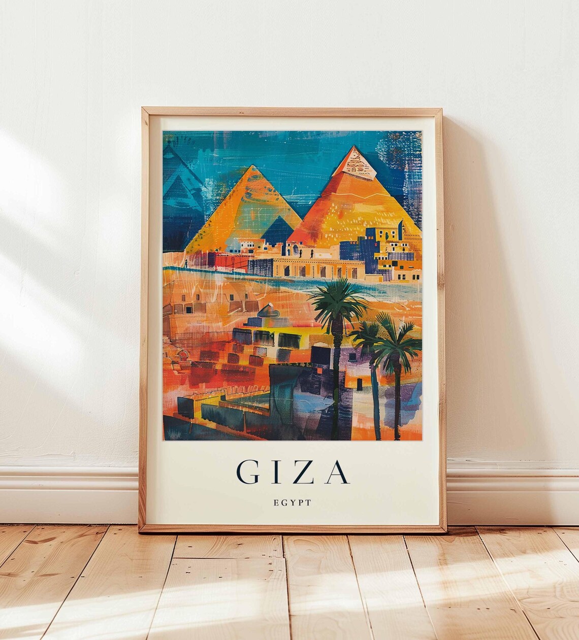 Giza Egypt Pyramids Watercolor Palms Desert Scene Travel Poster