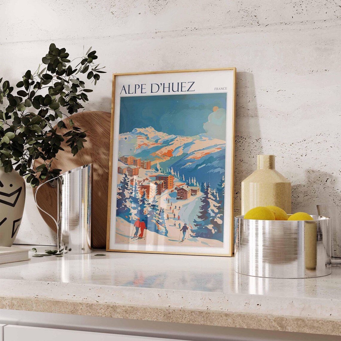 Alpe DHuez France Dusk Blue Valley Skiers And Orange Chalets Poster - Image 2