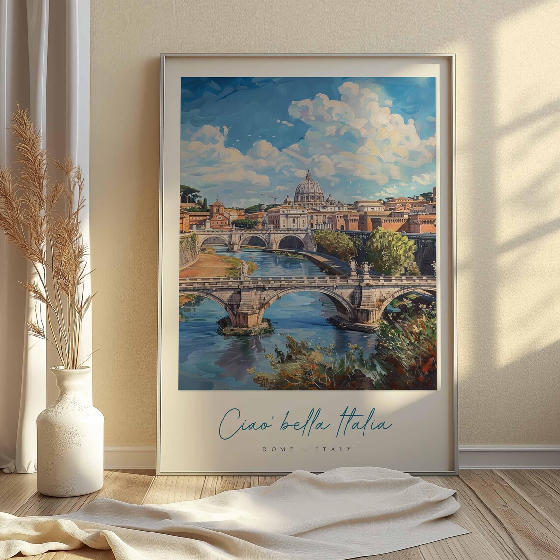 Rome Italy Tiber Bridges St Peters Dome Watercolor Travel Poster - Image 2