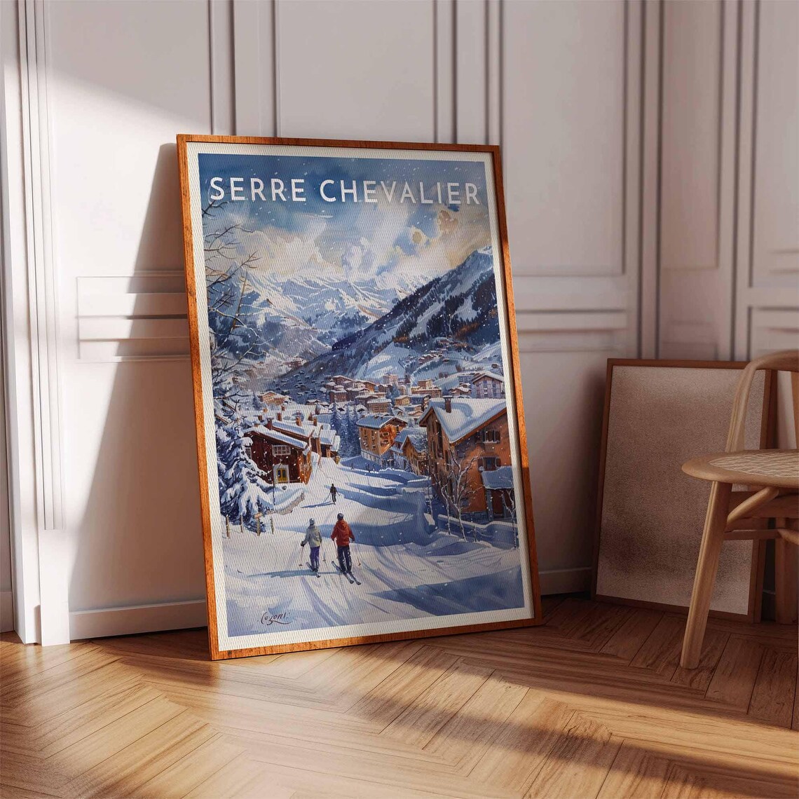 Serre Chevalier France Two Skiers Heading To Village Snowy Peaks Poster - Image 3