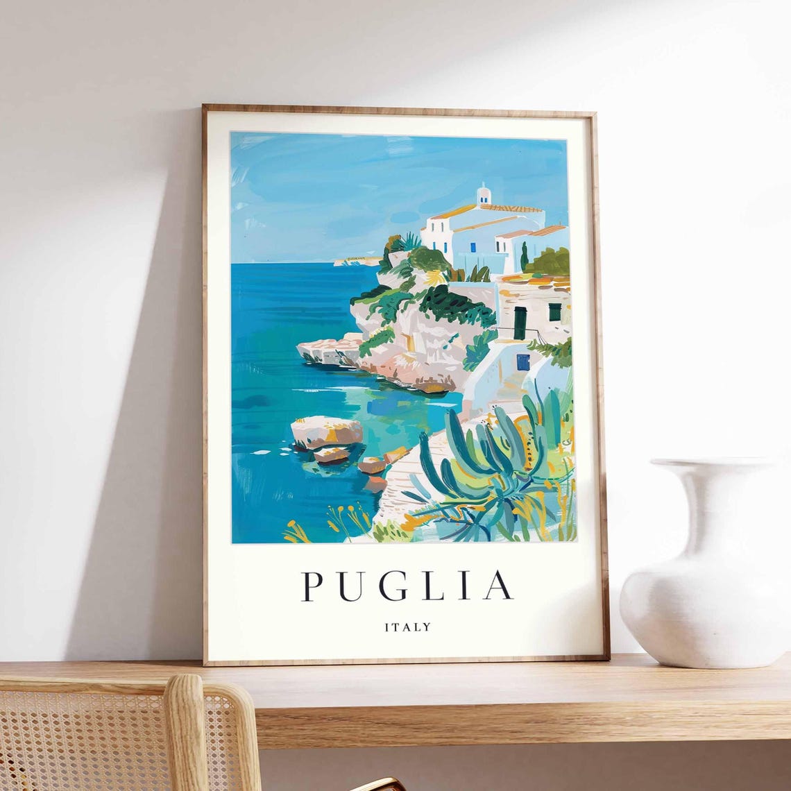 Puglia Italy Whitewashed Cliff Town White Church Turquoise Cove Poster