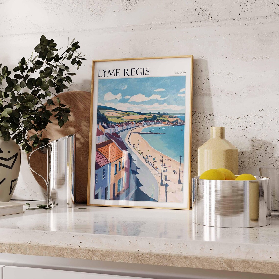 Lyme Regis England Sweeping Bay Curved Beach Hills Painting Poster - Image 2