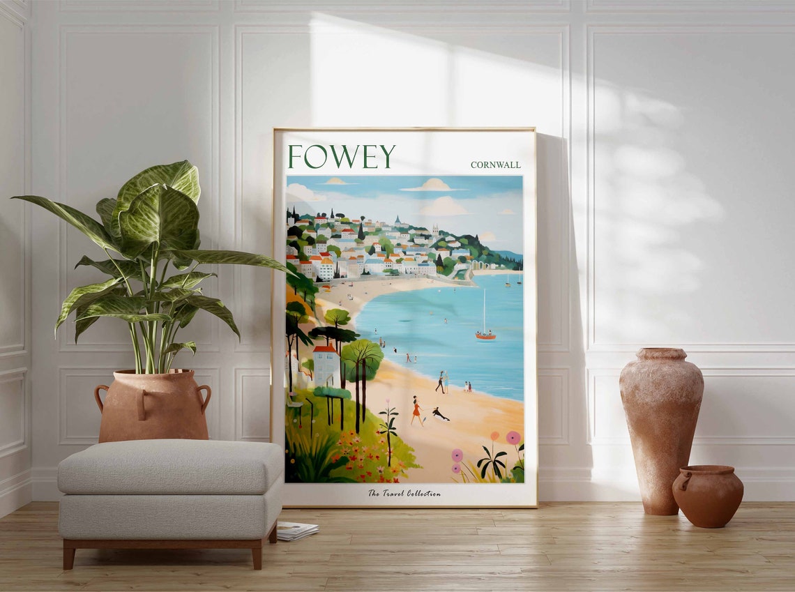 Fowey Cornwall Hillside Town Beach Scene Vintage Travel Poster - Image 3