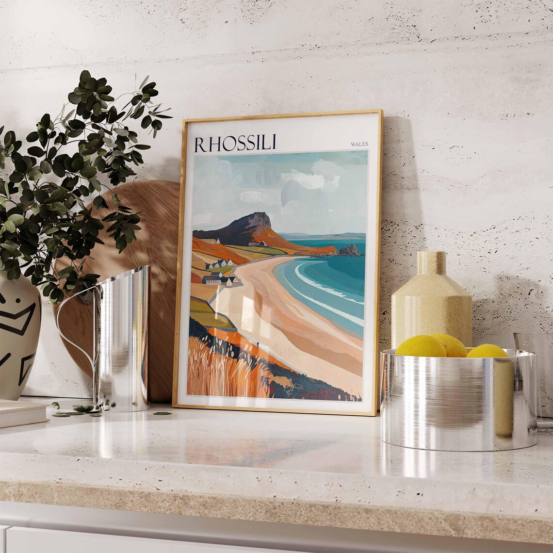 Rhossili Wales Hillside Village Curving Beach Artwork Poster - Image 3