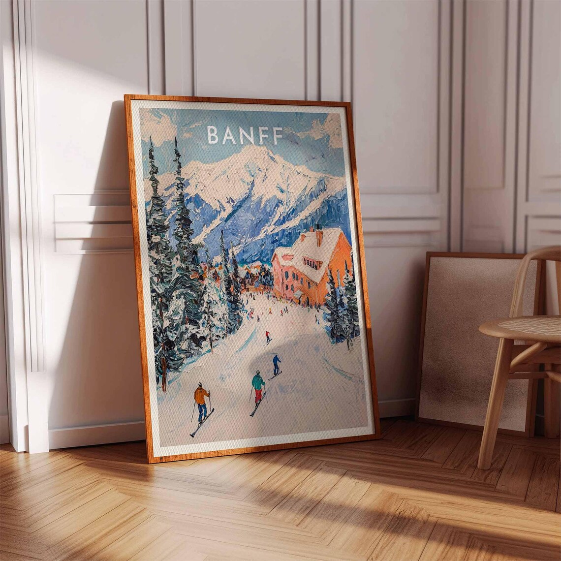 Banff Skiers Descending Slope Orange Lodge Winter Art Poster - Image 2