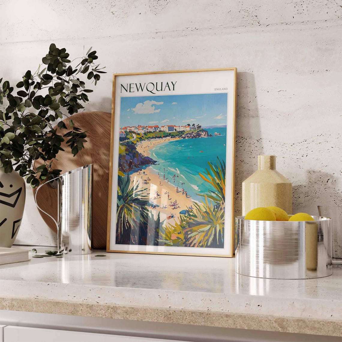 Newquay England Beach Palm Plants Headland Town Scene Poster - Image 2