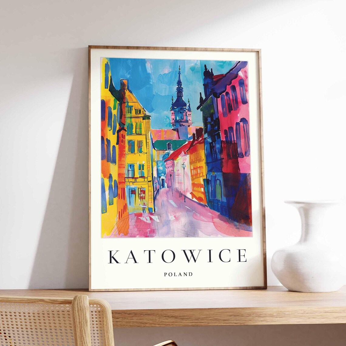 Katowice Poland Colorful Old Town Street Church Spire Poster