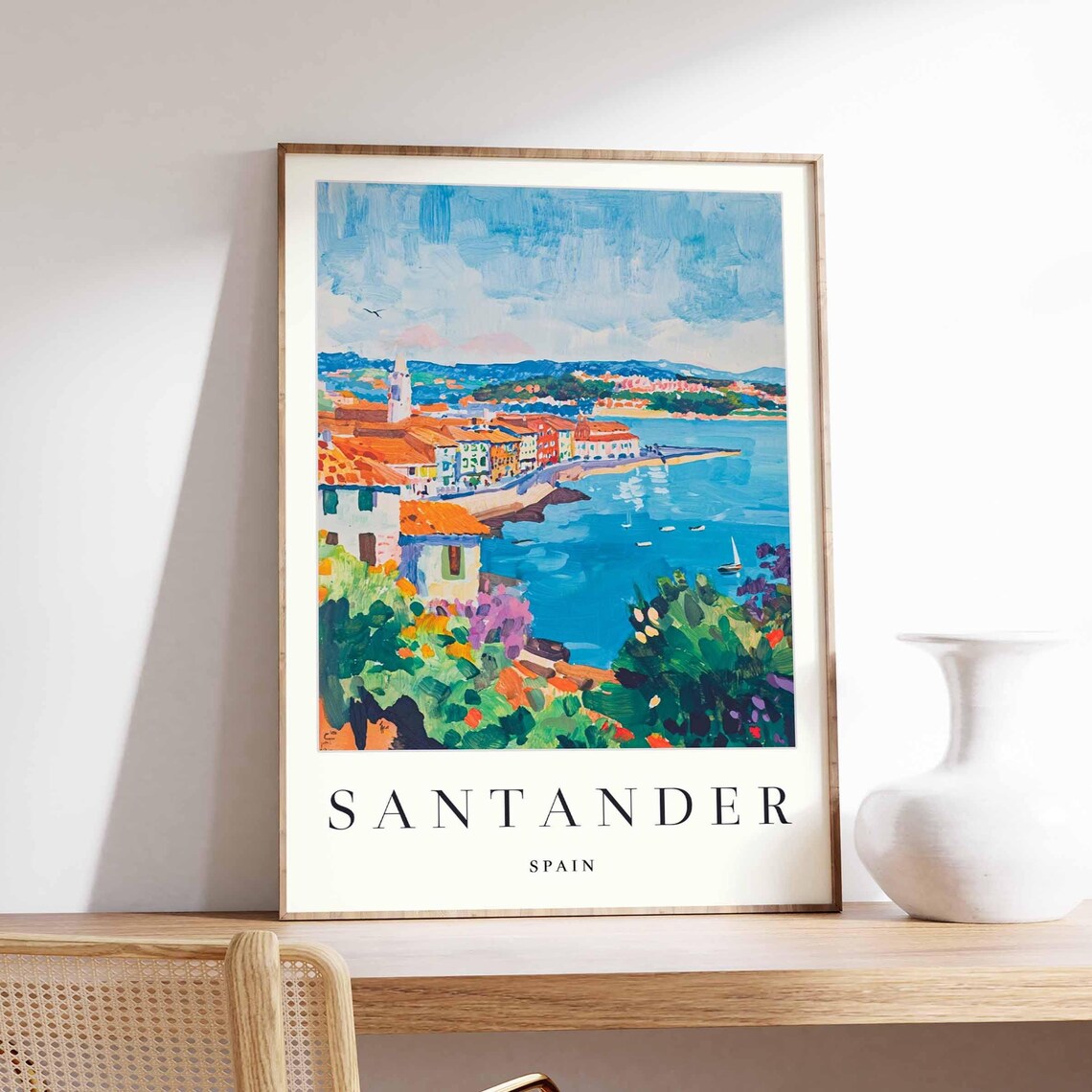Santander Spain Impressionist Bay Sailboats Colorful Old Town Poster