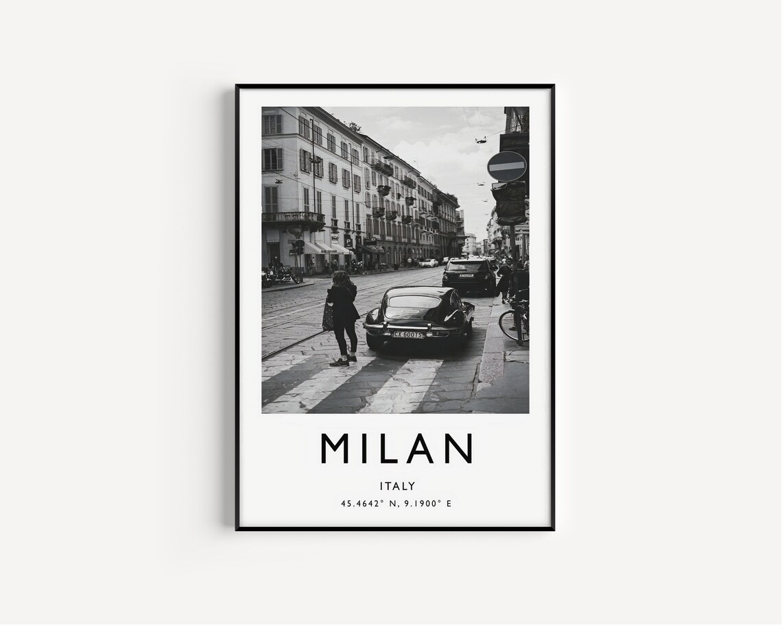 Milan Italy Black And White Classic Jaguar Street Photo Poster - Image 2