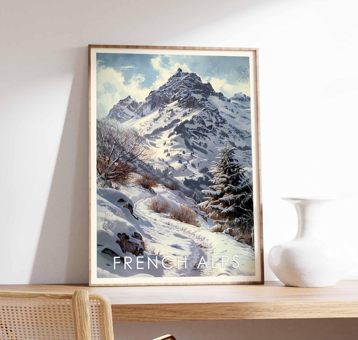 French Alps Snowy Mountain Peak Winter Trail Vintage Travel Poster