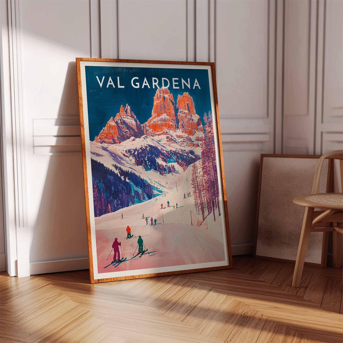 Val Gardena Italy Red Dolomite Towers Skiers Pink Slope Poster - Image 3