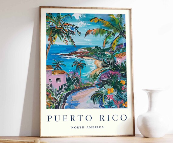 Puerto Rico Tropical Beach Cove Palms Watercolor Calm Poster