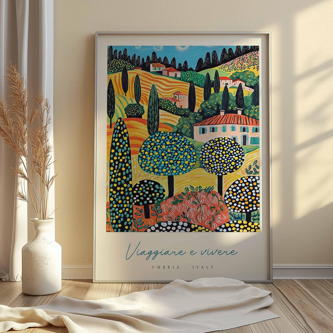 Umbria Italy Naive Folk Art Countryside Trees Farmhouse Travel Poster - Image 2