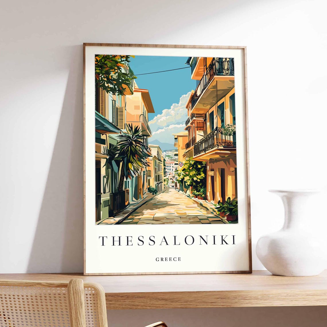 Thessaloniki Greece Sunlit Street Balconies Palm Tree Historic Poster