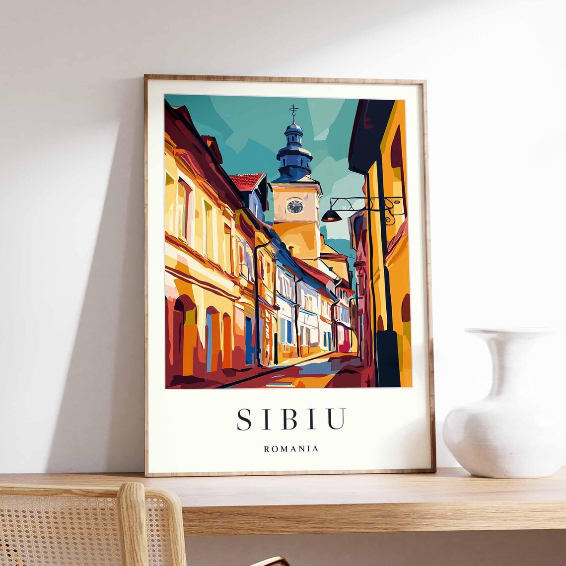Sibiu Romania Clock Tower Old Street Sunset Travel Art Poster