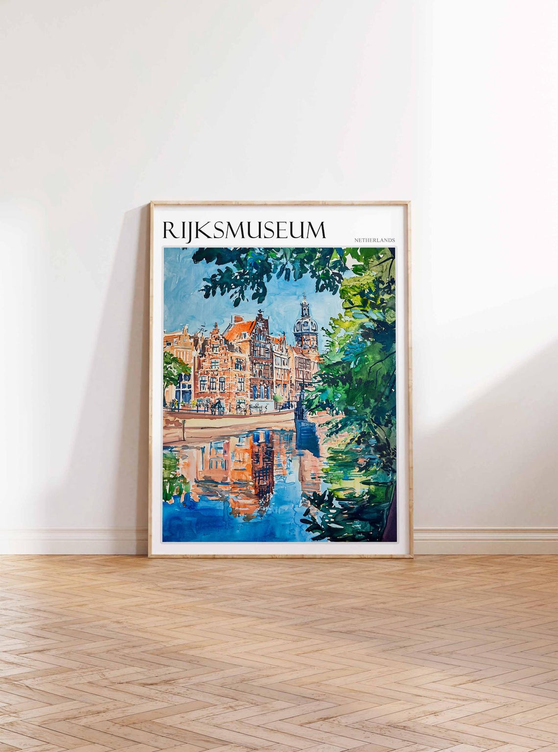 Rijksmuseum Netherlands Watercolor Canal Reflection Travel Poster - Image 2