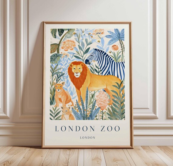 London Zoo Vintage Travel Poster Lion Zebra Watercolor Safari