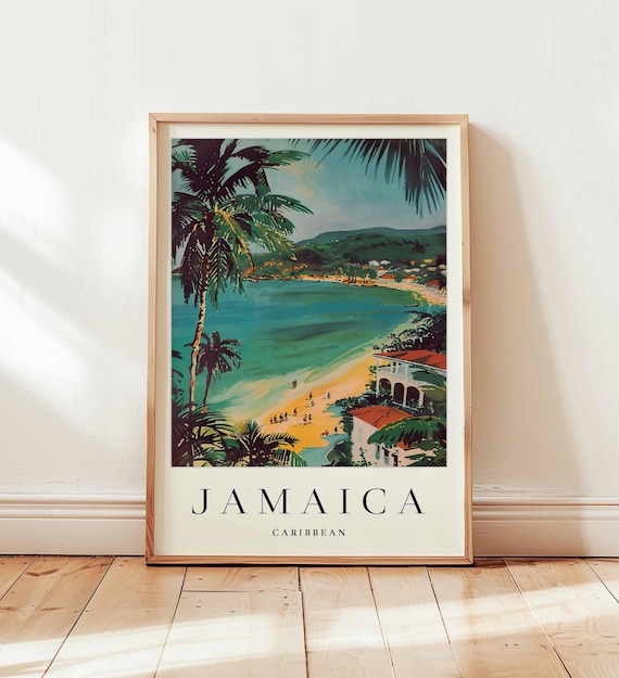 Jamaica Caribbean Turquoise Beach Palms Ocean View Travel Poster