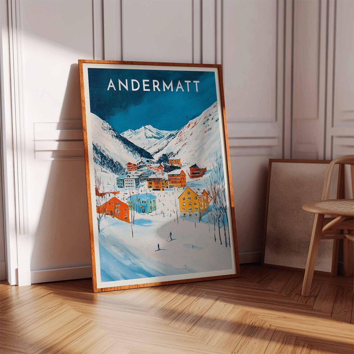 Andermatt Switzerland Teal Sky Skiers Colorful Houses Peak Poster - Image 2