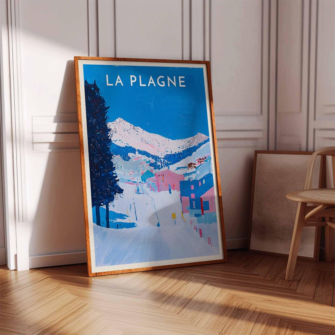 La Plagne Colorful Mountain Village Poster in Bold Blue and Pink - Image 2