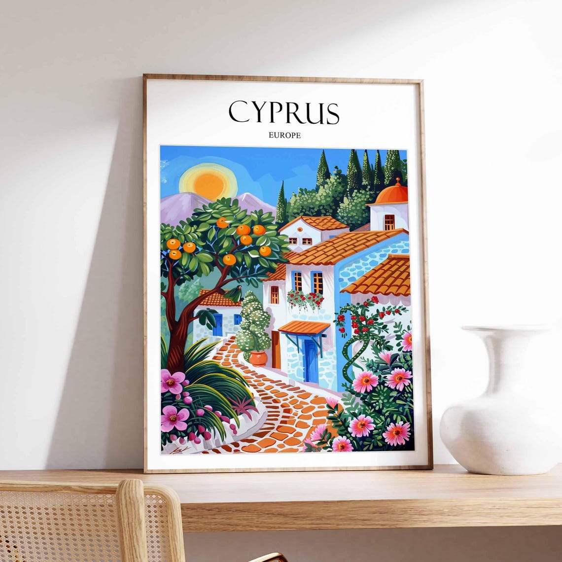 Cyprus Europe Sunlit Orange Tree Village Travel Artwork Poster