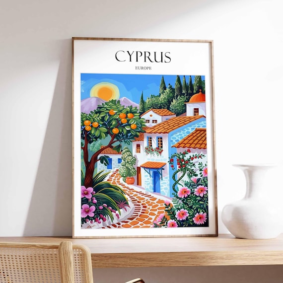 Cyprus Europe Sunlit Orange Tree Village Travel Artwork Poster