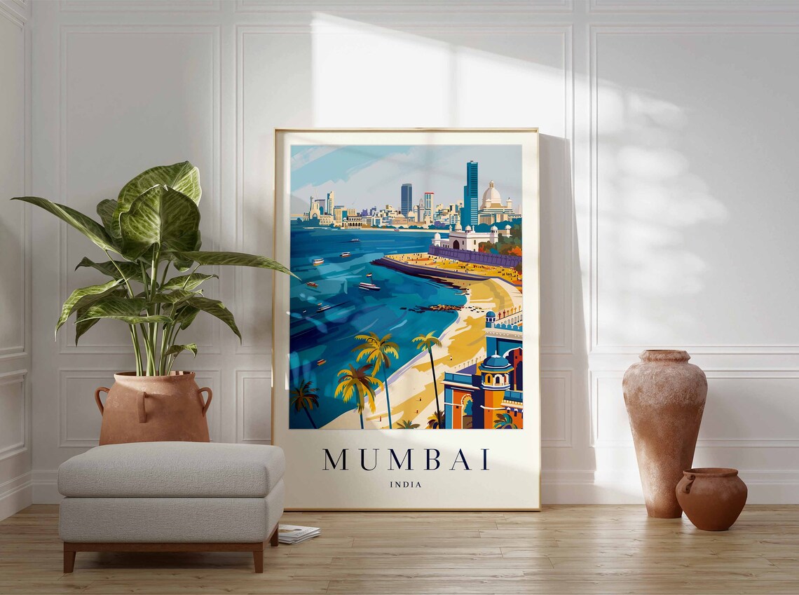 Mumbai India Marine Drive Bay With Gateway And Skyline Travel Poster - Image 3