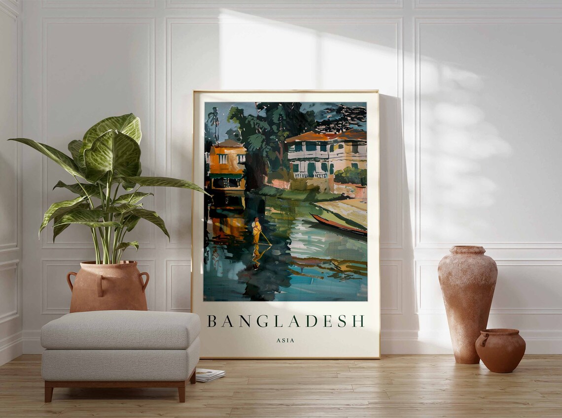 Bangladesh Asia Riverside Boat Houses Scene Vintage Travel Poster - Image 4