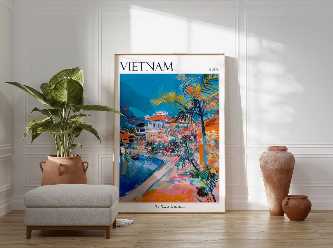 Vietnam Asia Riverside Village Palms Blossom Boat Scene Poster - Image 2