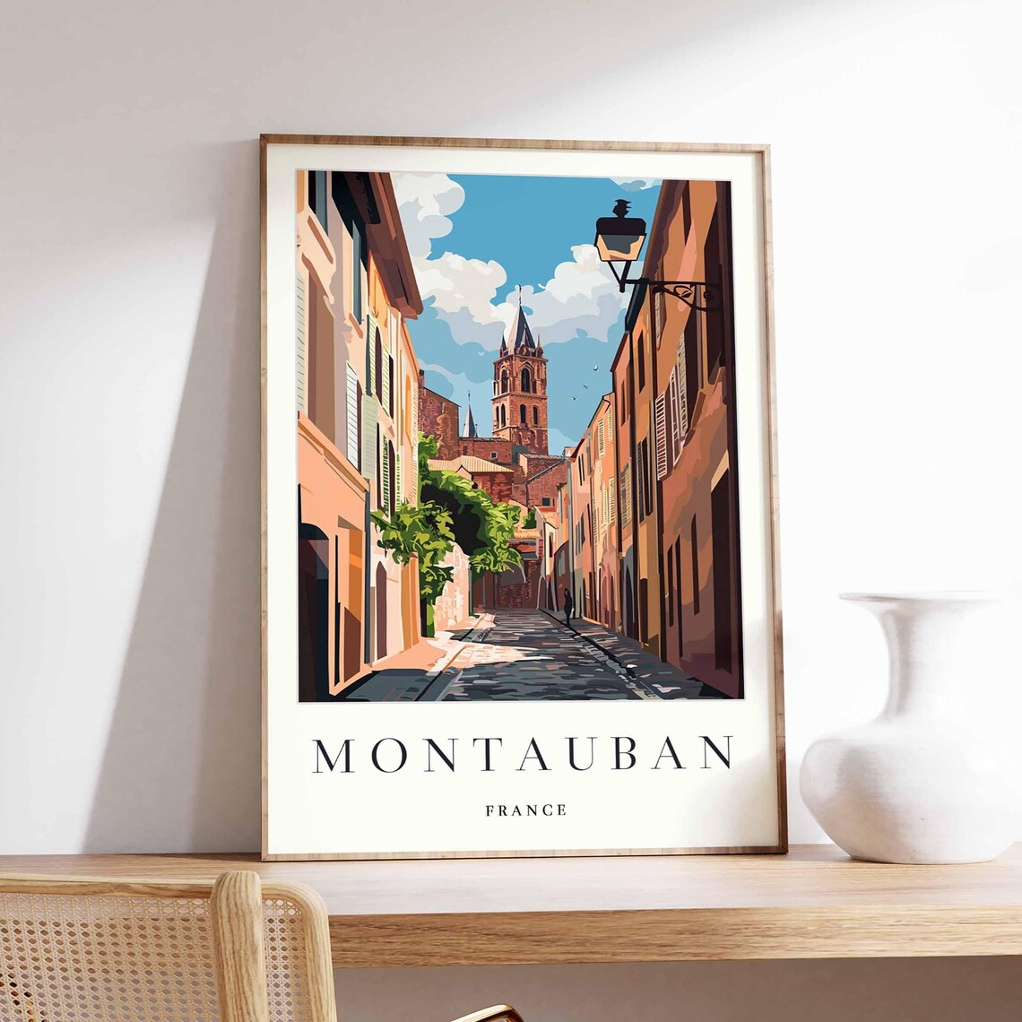 Montauban France Cobblestone Street Cathedral Spire Art Poster