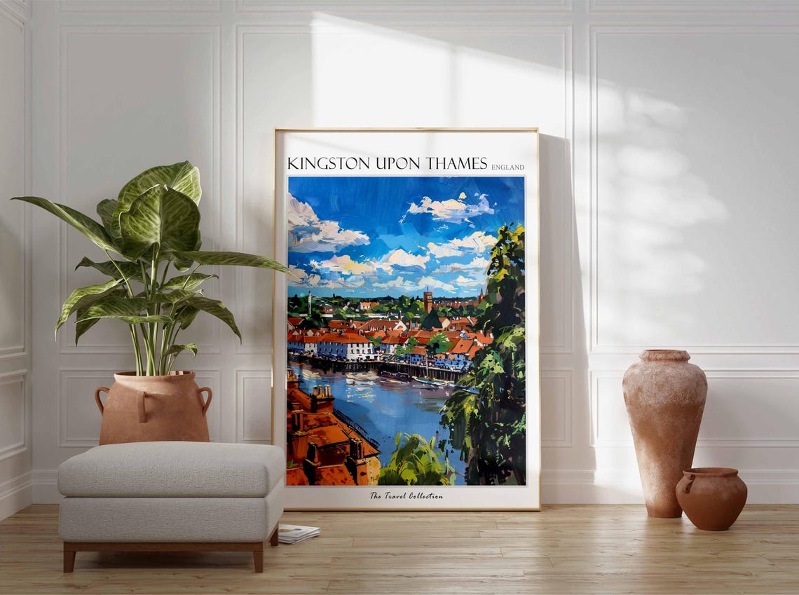 Kingston Upon Thames England Riverside Town Colorful Travel Poster - Image 2