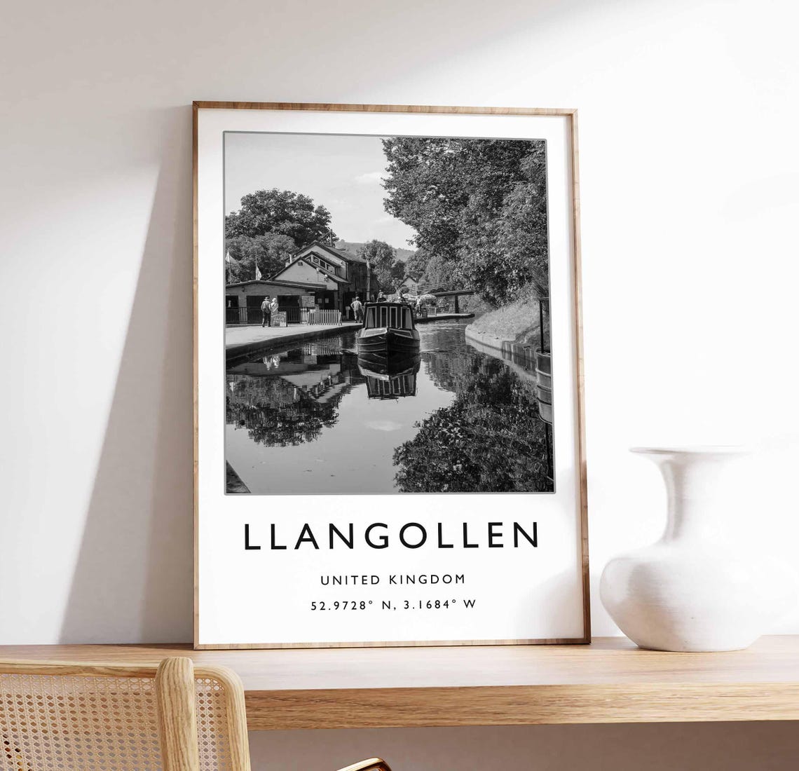 Llangollen Wales Canal Boat Black and White Photo Art Poster