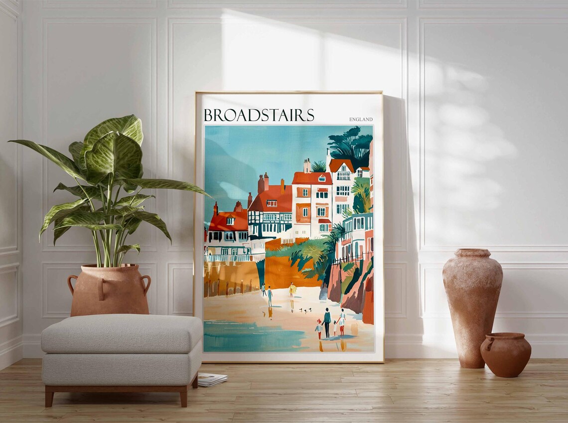Broadstairs Kent Cottage Roofs Overlooking the Beach Illustration Poster - Image 3