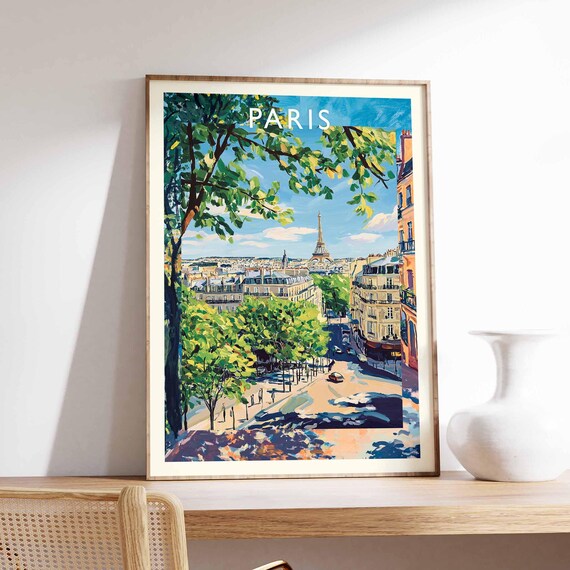 Paris Poster France Travel Print Eiffel Tower Cityscape Wall Decor Louvre Museum View Parisian City Gift
