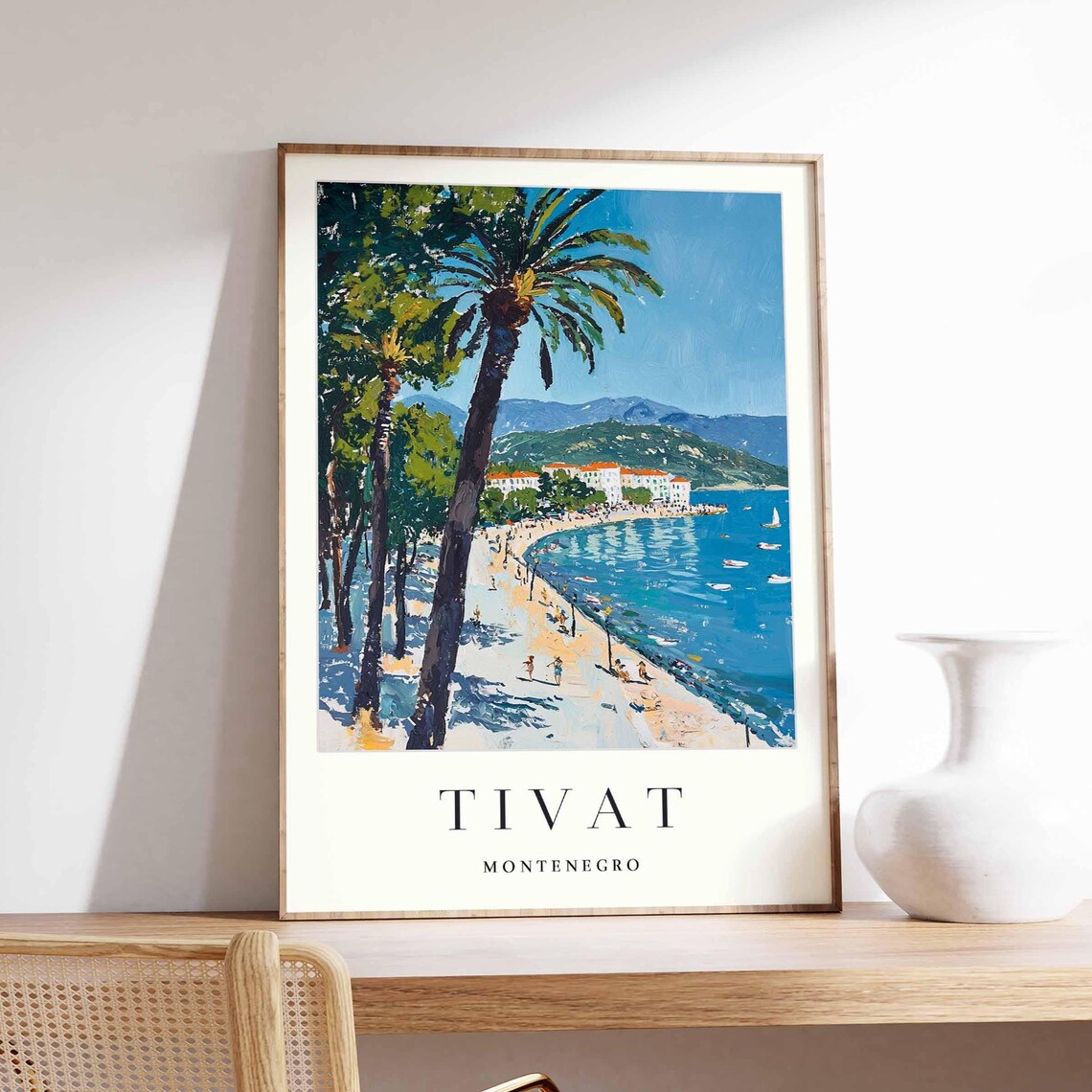 Tivat Montenegro Palm Framed Beach Promenade Bay Boats Mountain Poster