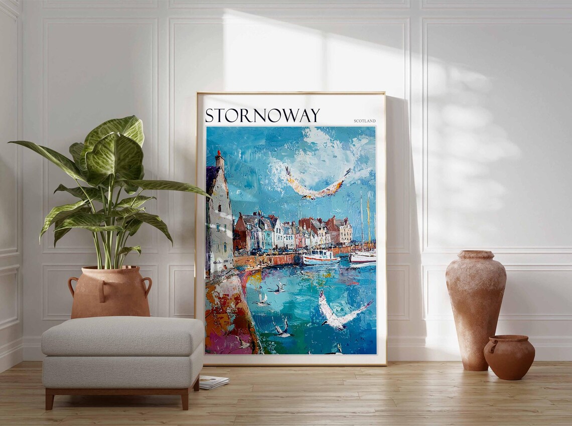 Stornoway Seagulls Harbor Boats Blue Painterly Scotland Travel Poster - Image 2
