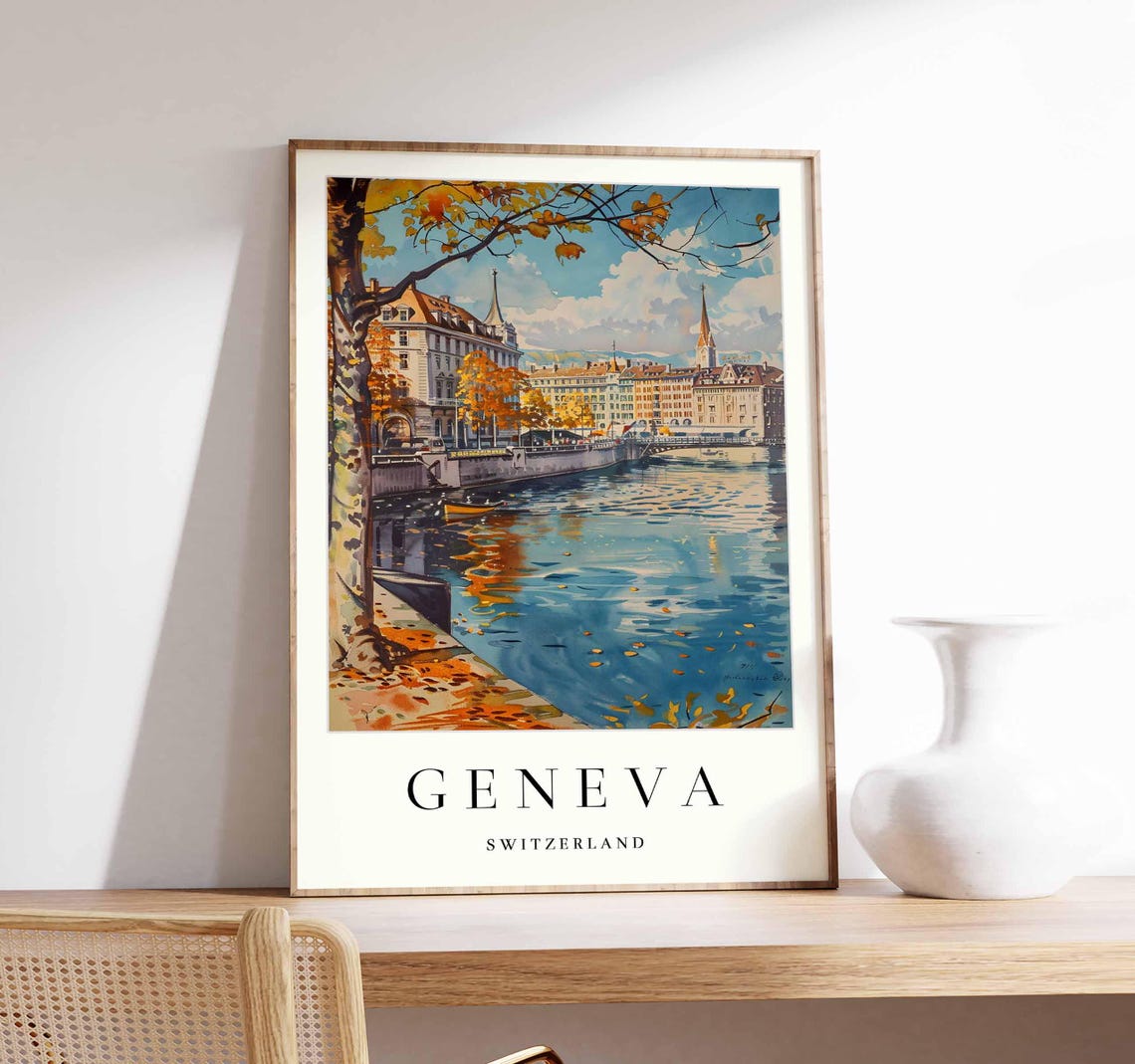Geneva Switzerland Autumn Riverside Promenade Scene Art Poster