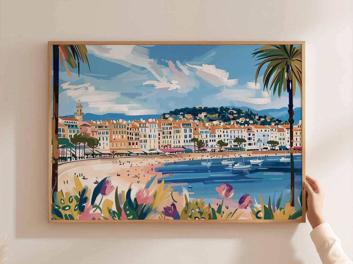Cannes Beachfront Waterfront Buildings Palms Sailboats Art Poster