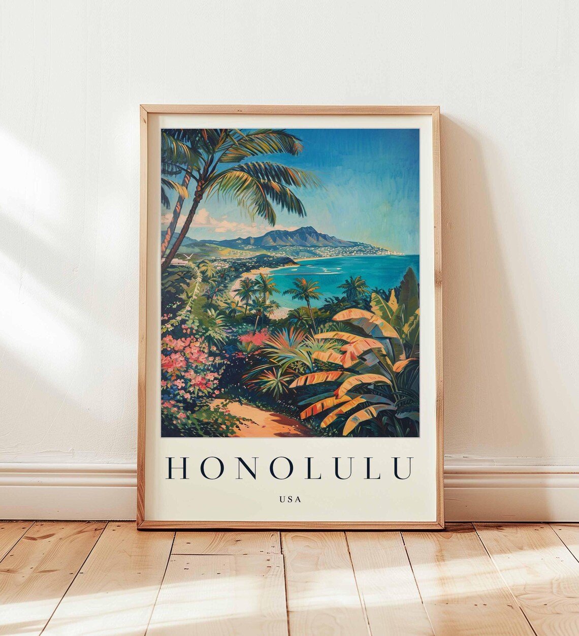 Honolulu USA Travel Poster Tropical Beach Diamond Head Mountain Palms