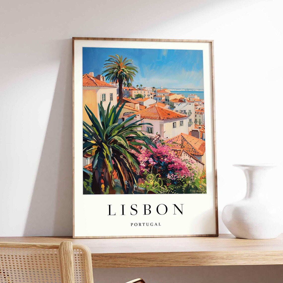 Lisbon Portugal Terracotta Rooftops Palms Garden Scene Poster