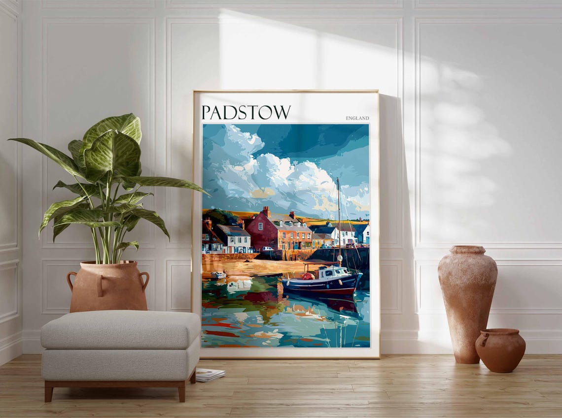 Padstow England Sailboat Brick Buildings Scene Vintage Travel Poster - Image 4