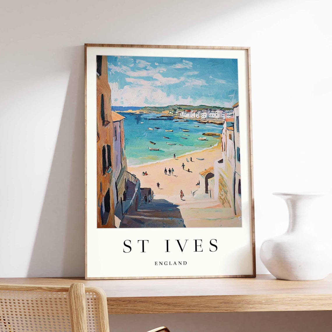 Sunny St Ives England Coastal Beach Harbor Painting Travel Poster