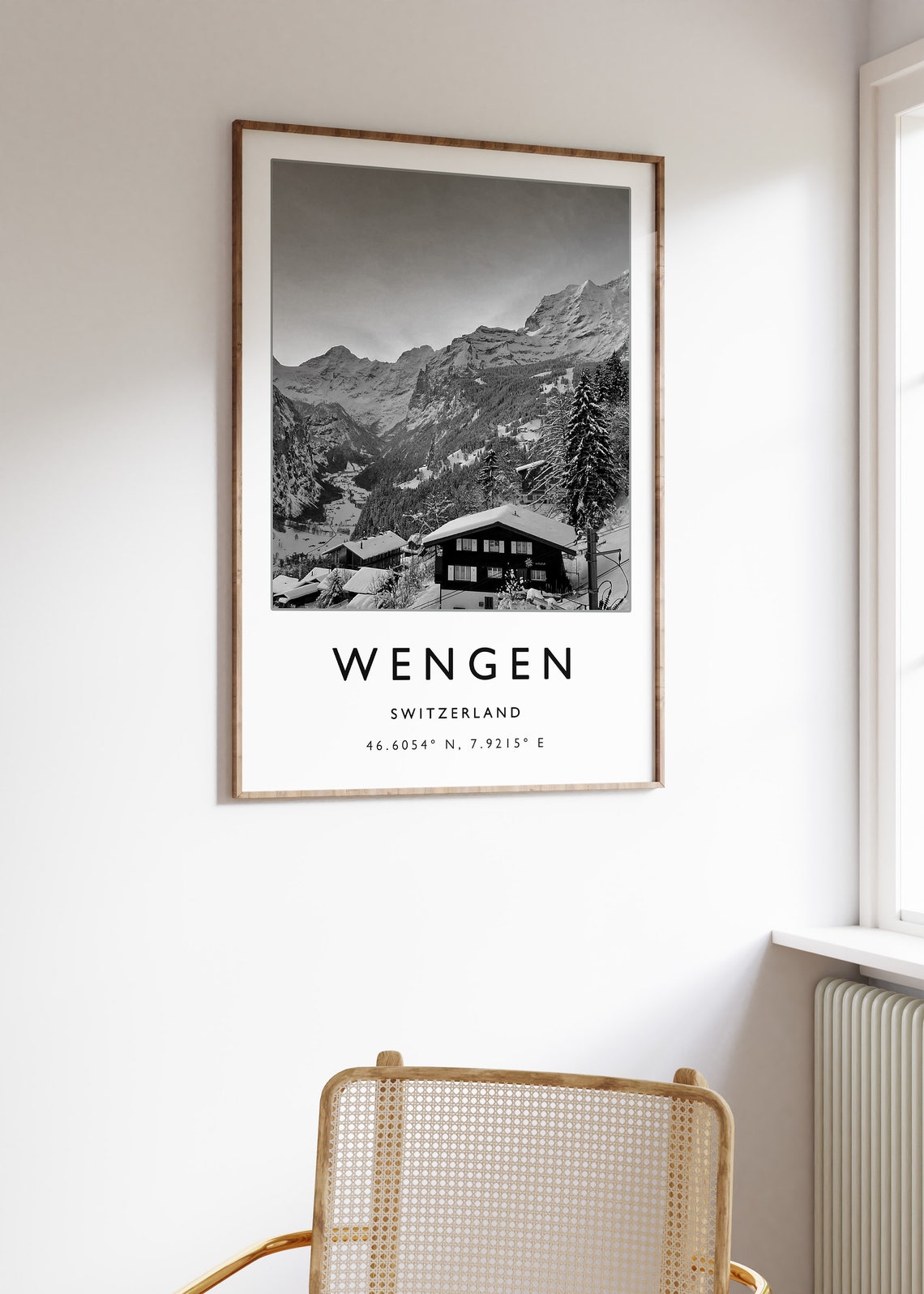 Wengen Switzerland Alpine Snow Village Black and White Photo Poster - Image 3