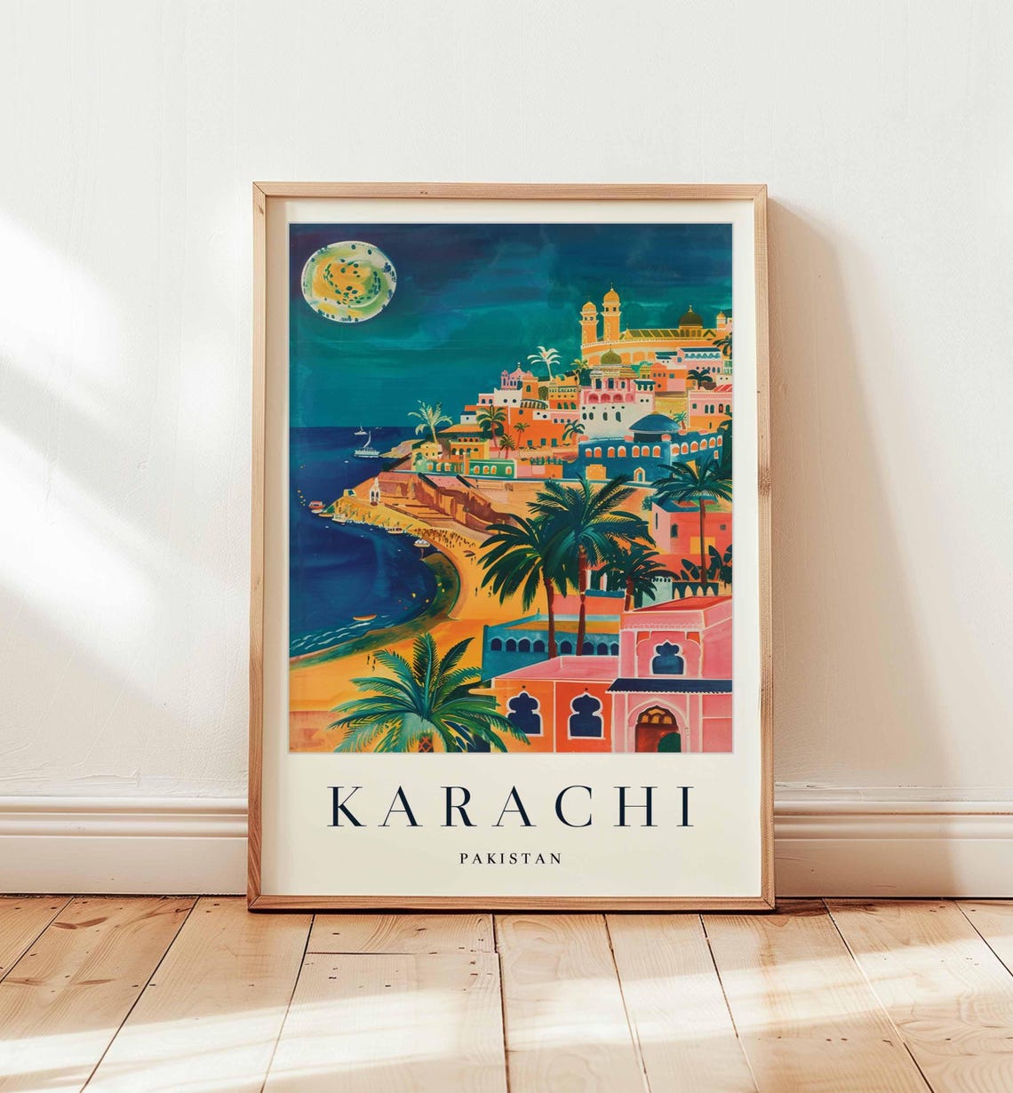 Karachi Pakistan Moonlit Beach Pastel Coast Colorful Travel Poster