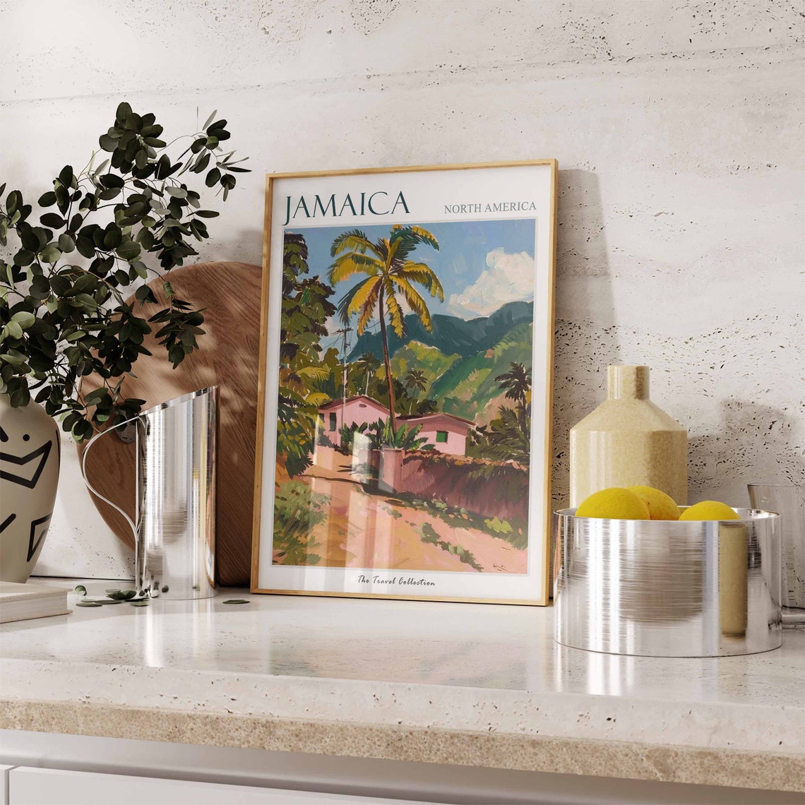 Jamaica Caribbean Pink House Palm Tree Green Hill Art Poster - Image 3