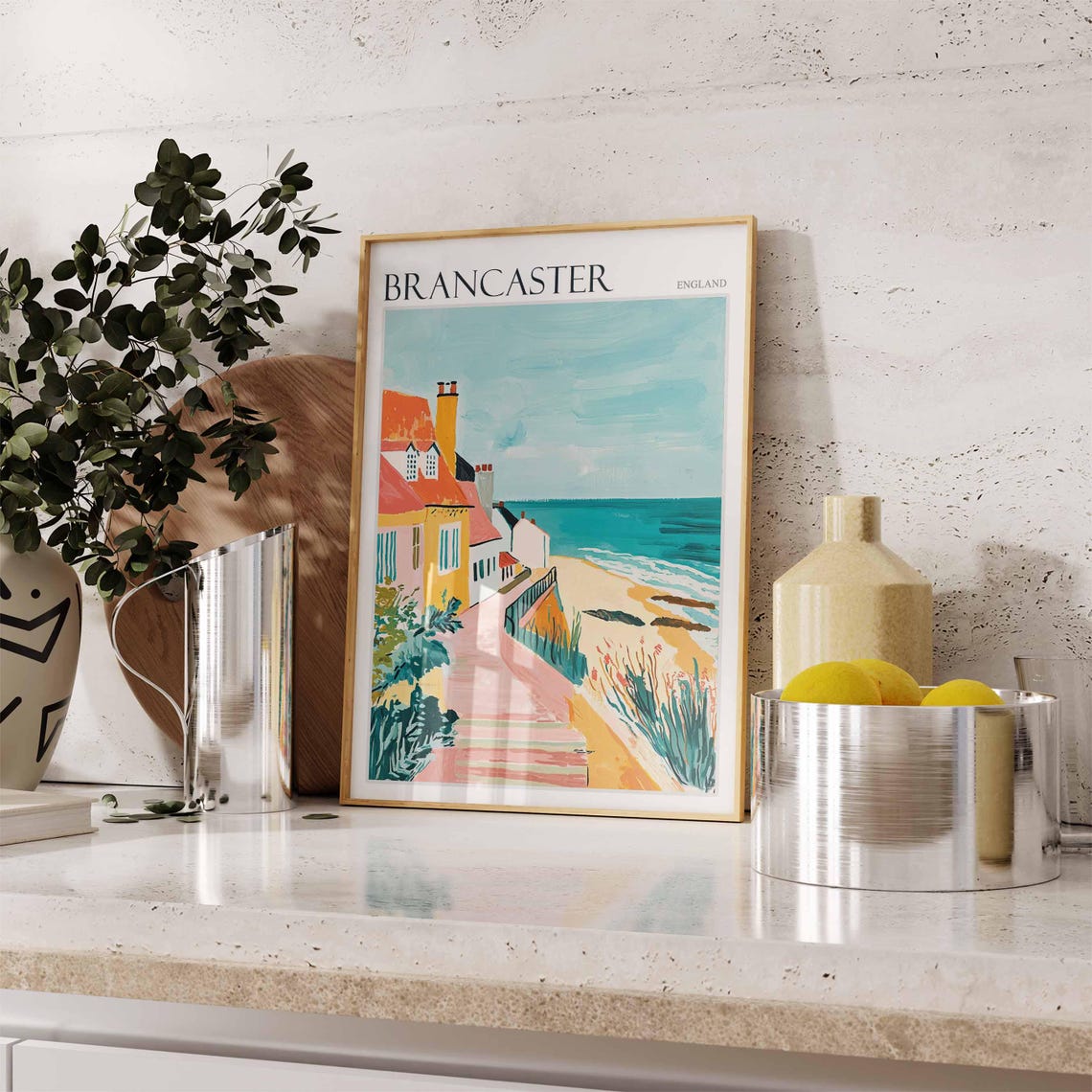 Brancaster England Pastel Cottages and Steps Down to the Beach Poster - Image 2
