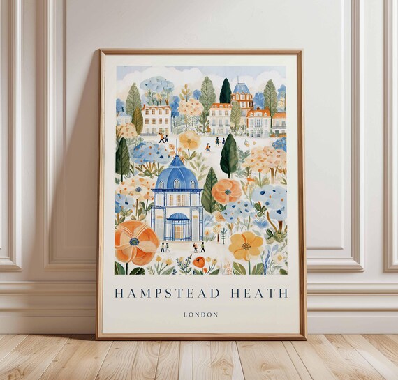 Hampstead Heath London Travel Poster Floral Gardens Blue Dome Artwork