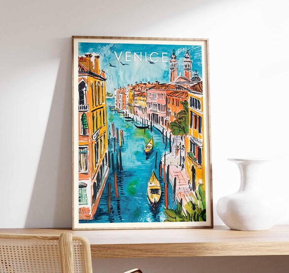 Venice Grand Canal Italy Orange Facades Church Towers Boats Poster
