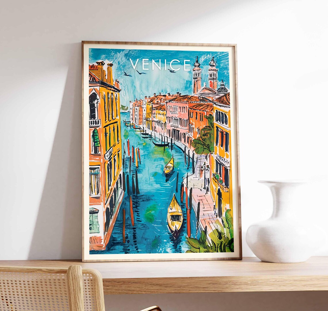 Venice Grand Canal Italy Orange Facades Church Towers Boats Poster